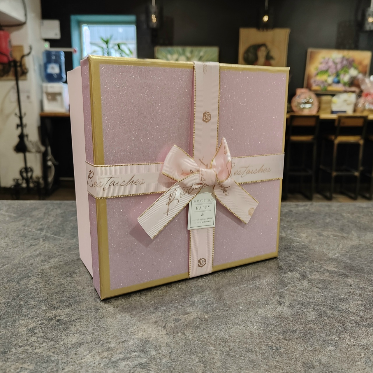 Коробка подарочная 3 в 1 с бантом Розовая с золотом